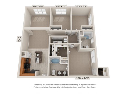 Floor plan for 3 beds, 2 baths, 1378 sqft